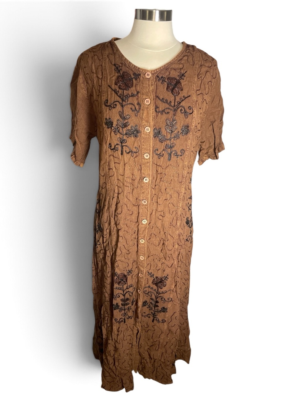 Brown Embroidered Button-Front Women’s Dress Large